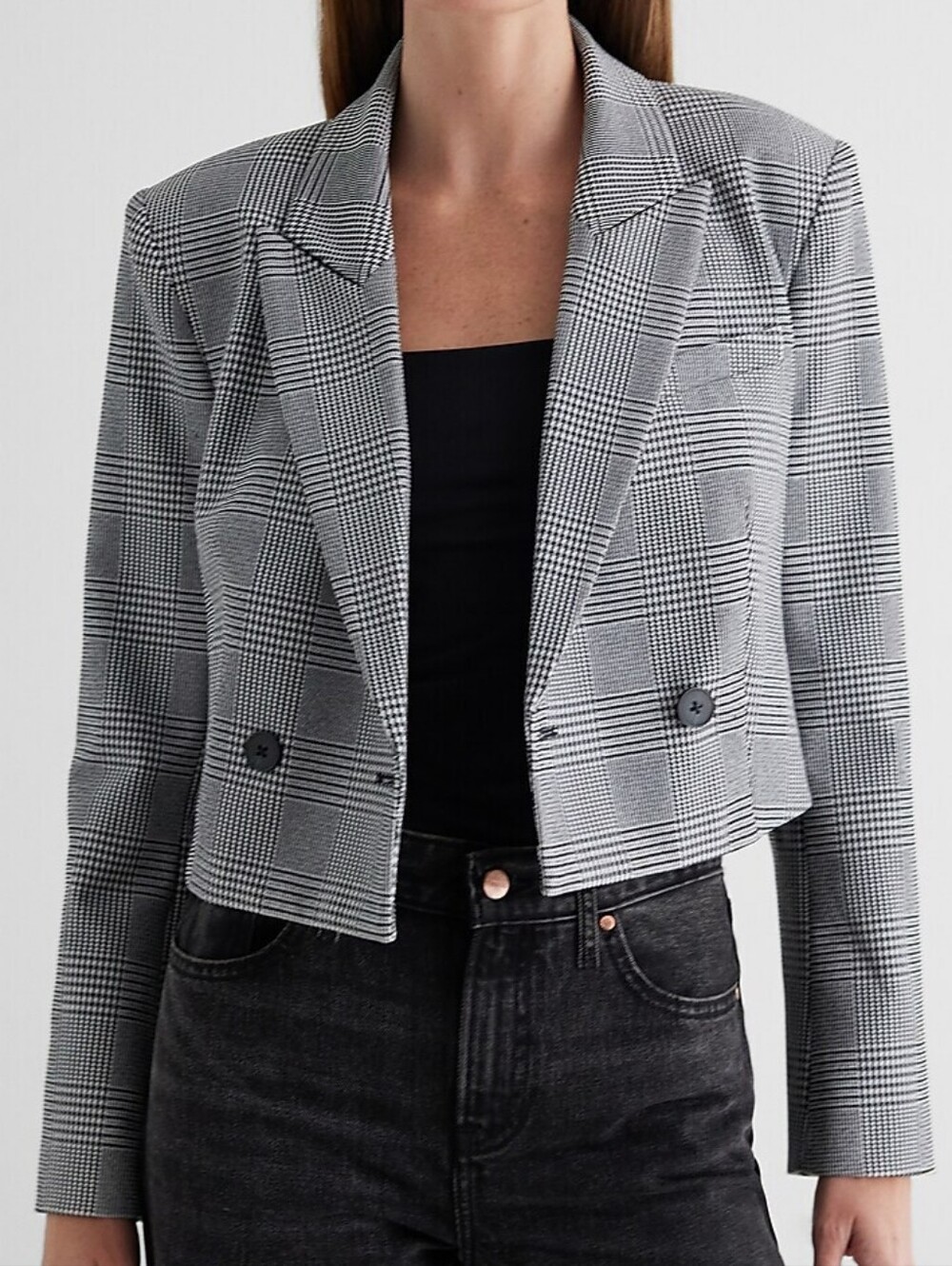 Express Women's Glen Plaid Cropped Blazer in Black & White